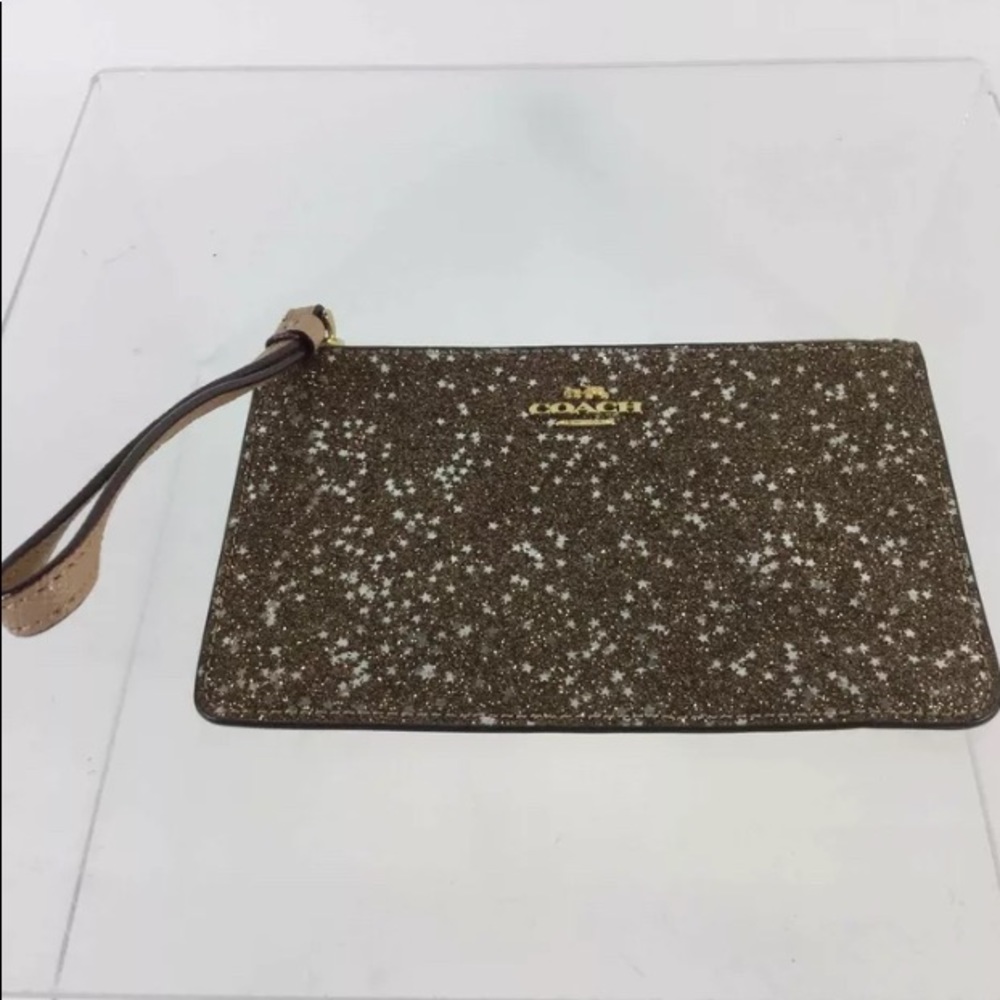 COACH Leather Gold Star Sparkle Top Zip Wristlet
